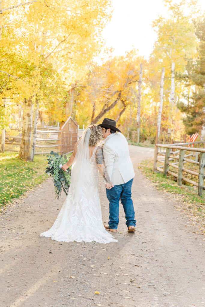 Bride and Groom kissing at 7th Canyon Ranch 