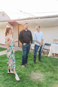 friends chatting after elko courthouse wedding 