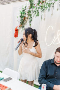 bride chatting to friends after the elko courthouse wedding 